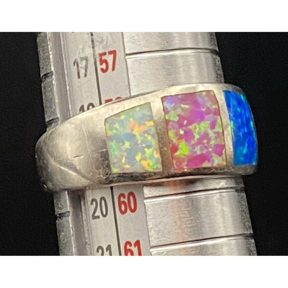 Genuine Blue Pink Opal Ring Wide 4 Windows Ster Silver 925 3.8g Unisex Sz 8.75 - Picture 10 of 13